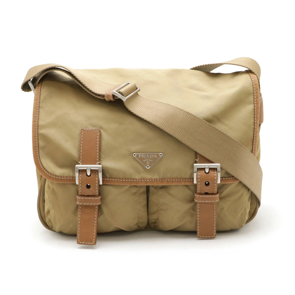 Prada Triangle Messenger Crossbody Leather Beige Cream Camel Brown
